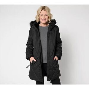 Arctic Expedition Womens Small Diamond Quilted Parka Removable Hood Black‎ NWOT